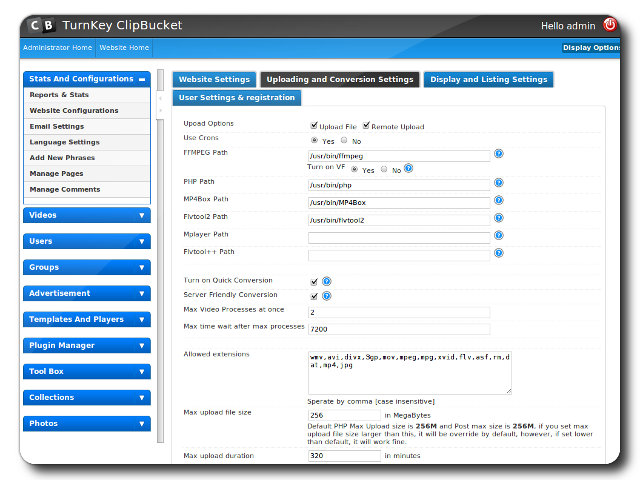 C user settings. CLIPBUCKET.