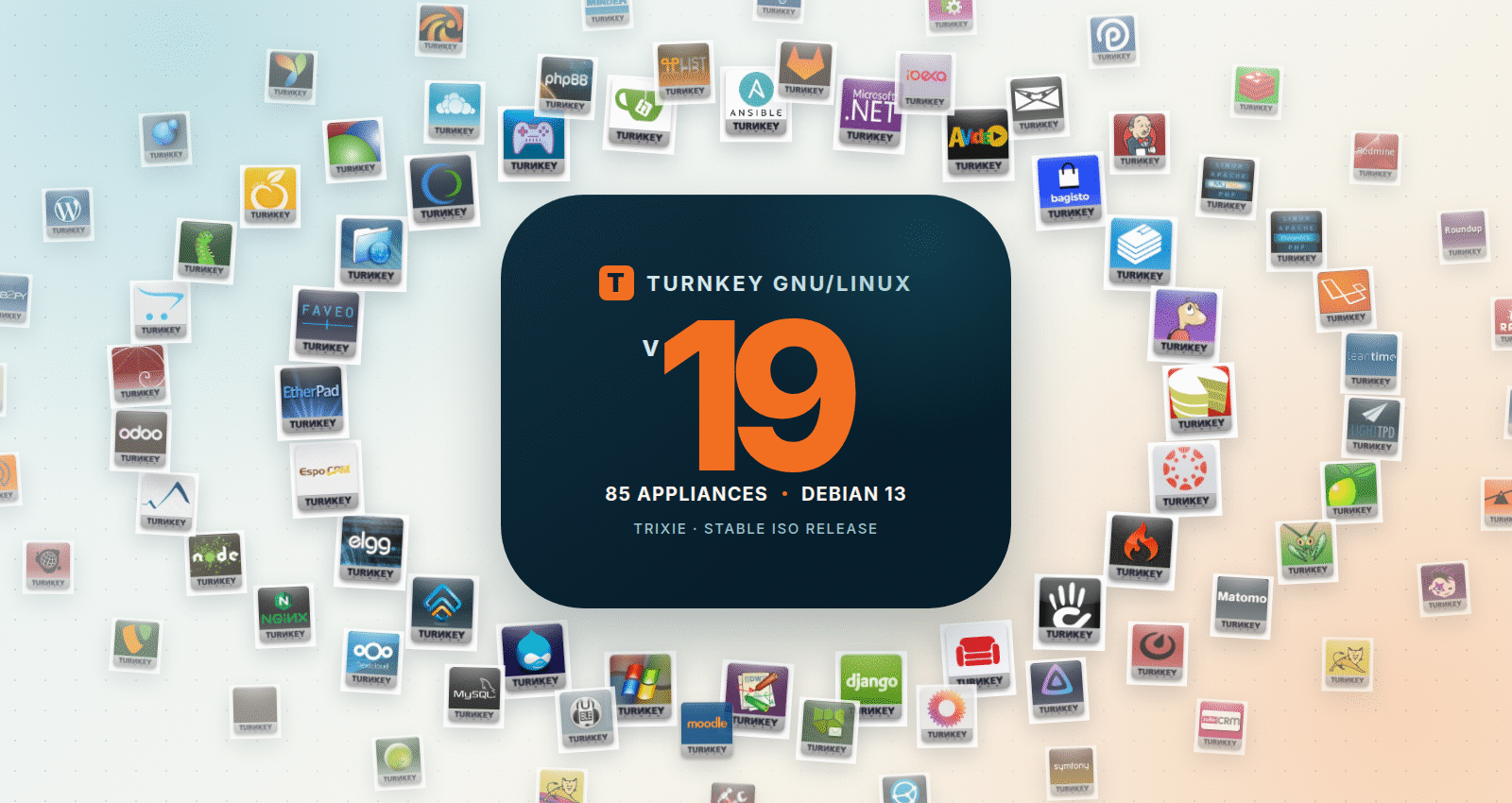 The 85 TurnKey Linux 19 appliance icons arranged together