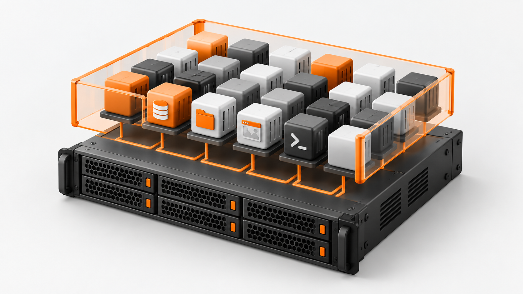 Illustration of separate application containers arranged above a server in an orange frame